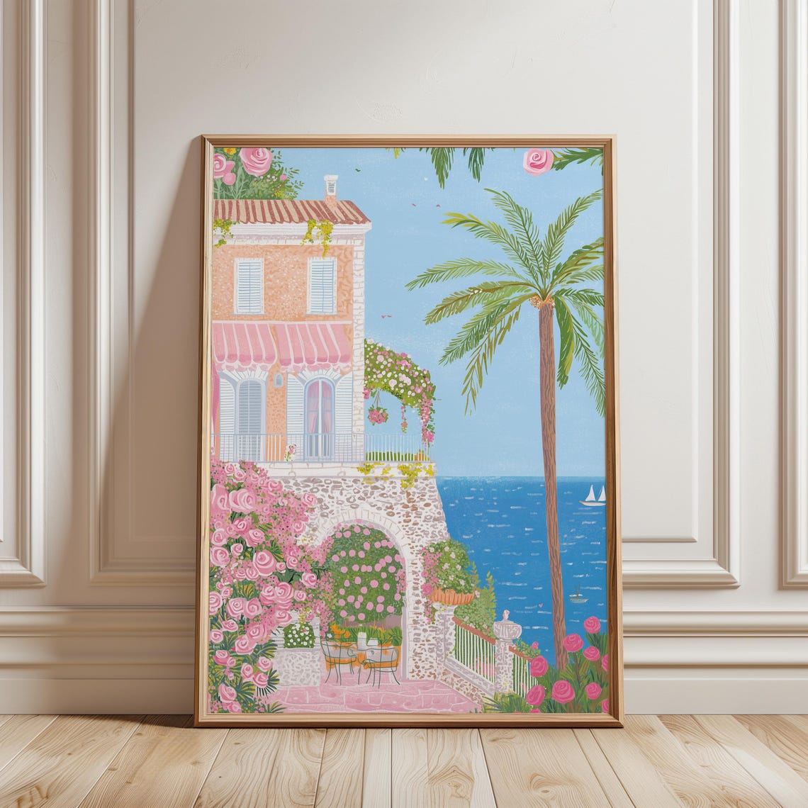 Italian Riviera Art Portofino Print Mediterranean Sea Pink Rose Garden Coastal Folk Art Style Summer Travel Decor
