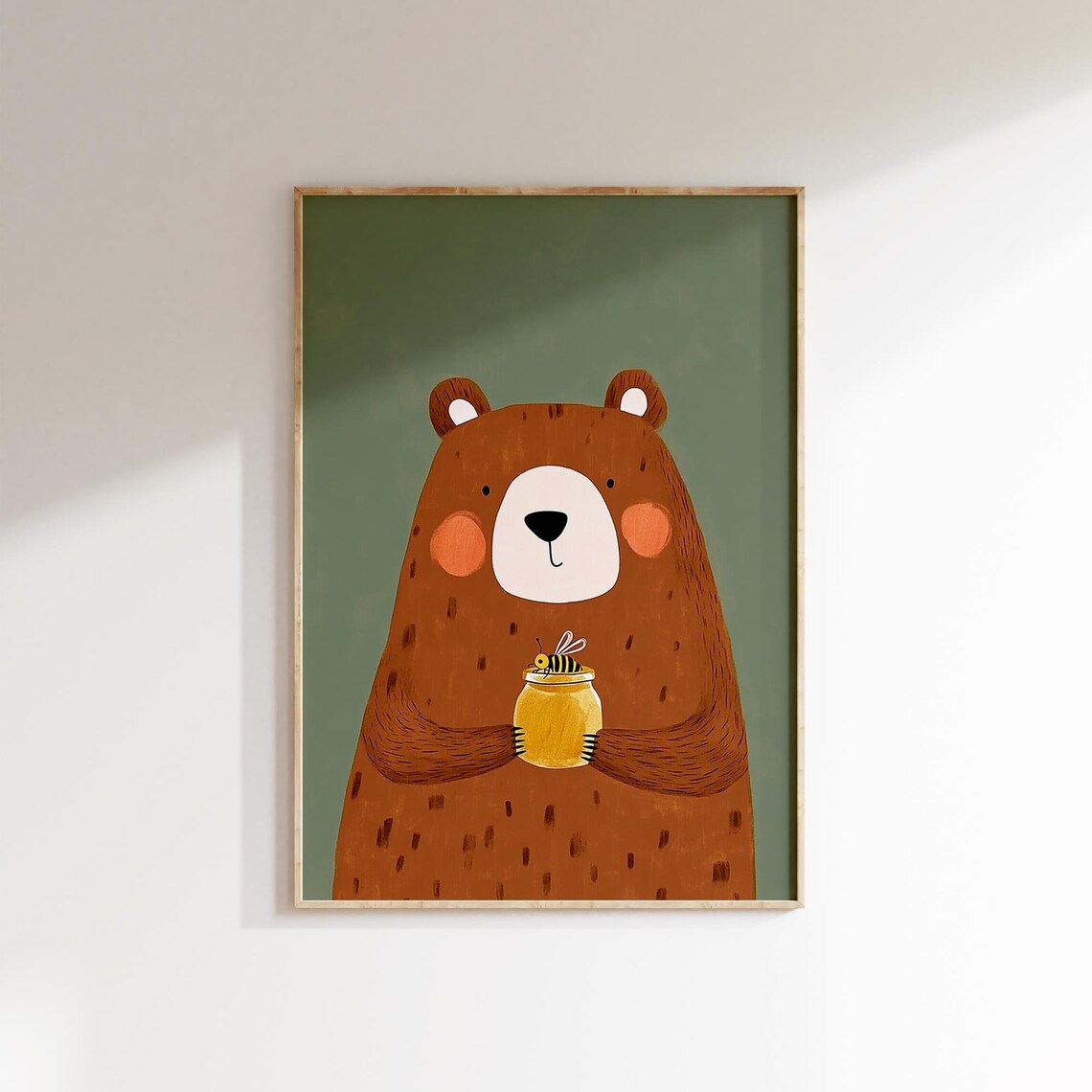 Brown Bear Holding Honey Pot With Bee Nursery Kids Animal Poster - Image 2