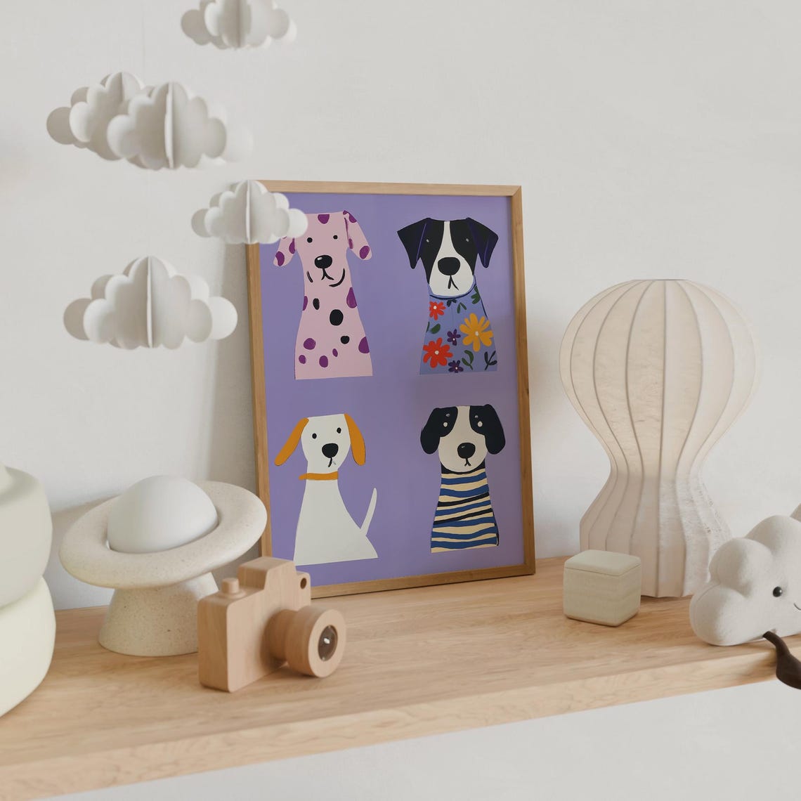 Whimsical Dog Print Four Floral Spotted Pups Lavender Nursery Poster - Image 4