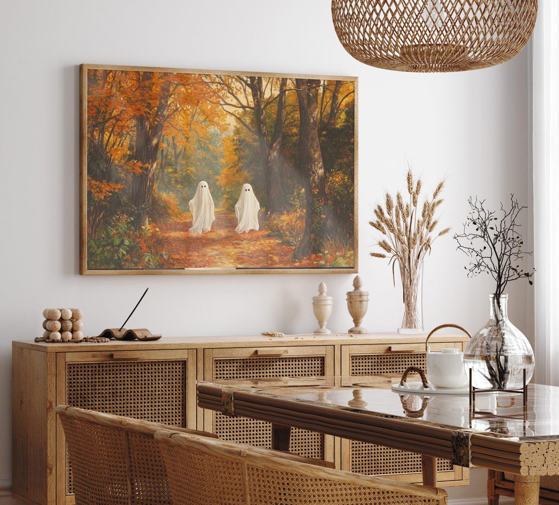 Two Ghosts in Autumn Forest Art Poster Vintage Halloween Decor - Image 2