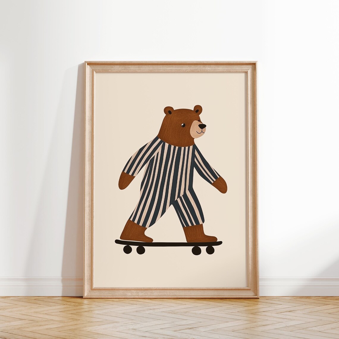 Skateboarding Bear in Striped Pajamas Nursery Kids Room Poster - Image 2