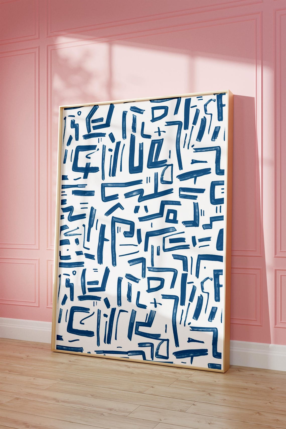 Eclectic Blue Abstract Pattern Art Poster with Navy Brushstrokes
