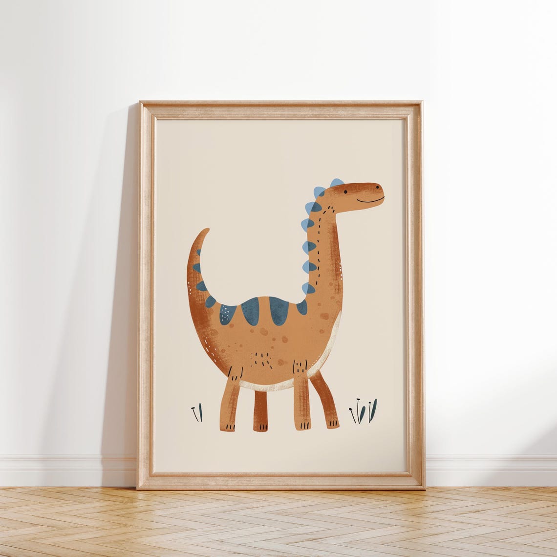 Smiling Brown Long Neck Dinosaur Blue Spots Cream Nursery Theme Poster - Image 2