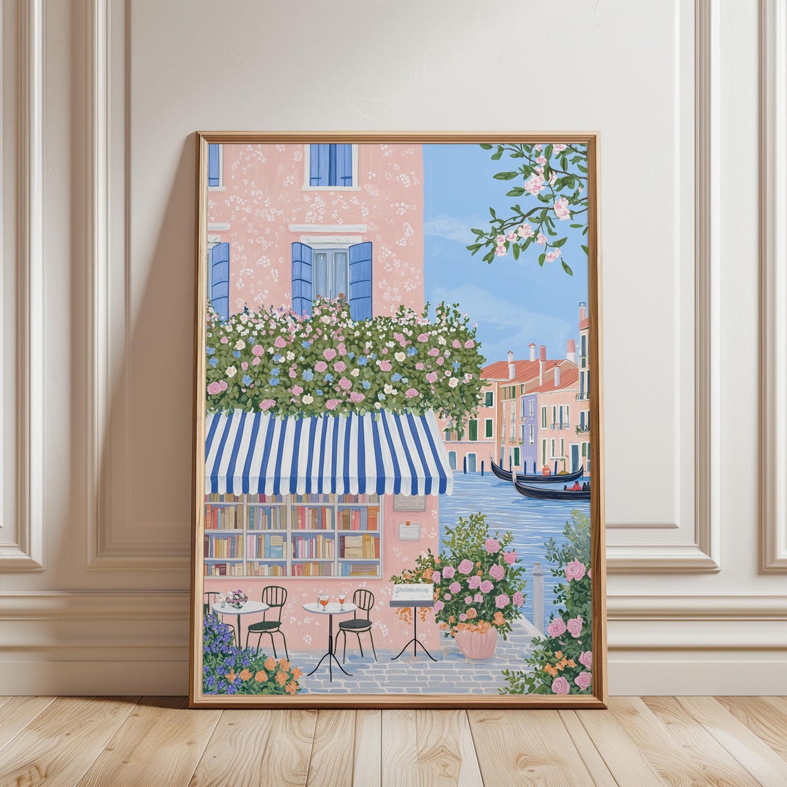 Venice Canal Bookshop Gondolas Italian Floral Folk Art Poster Decor