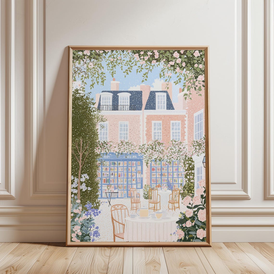 Bookshop Cafe Garden Terrace Pink Townhouse Spring Tea Poster
