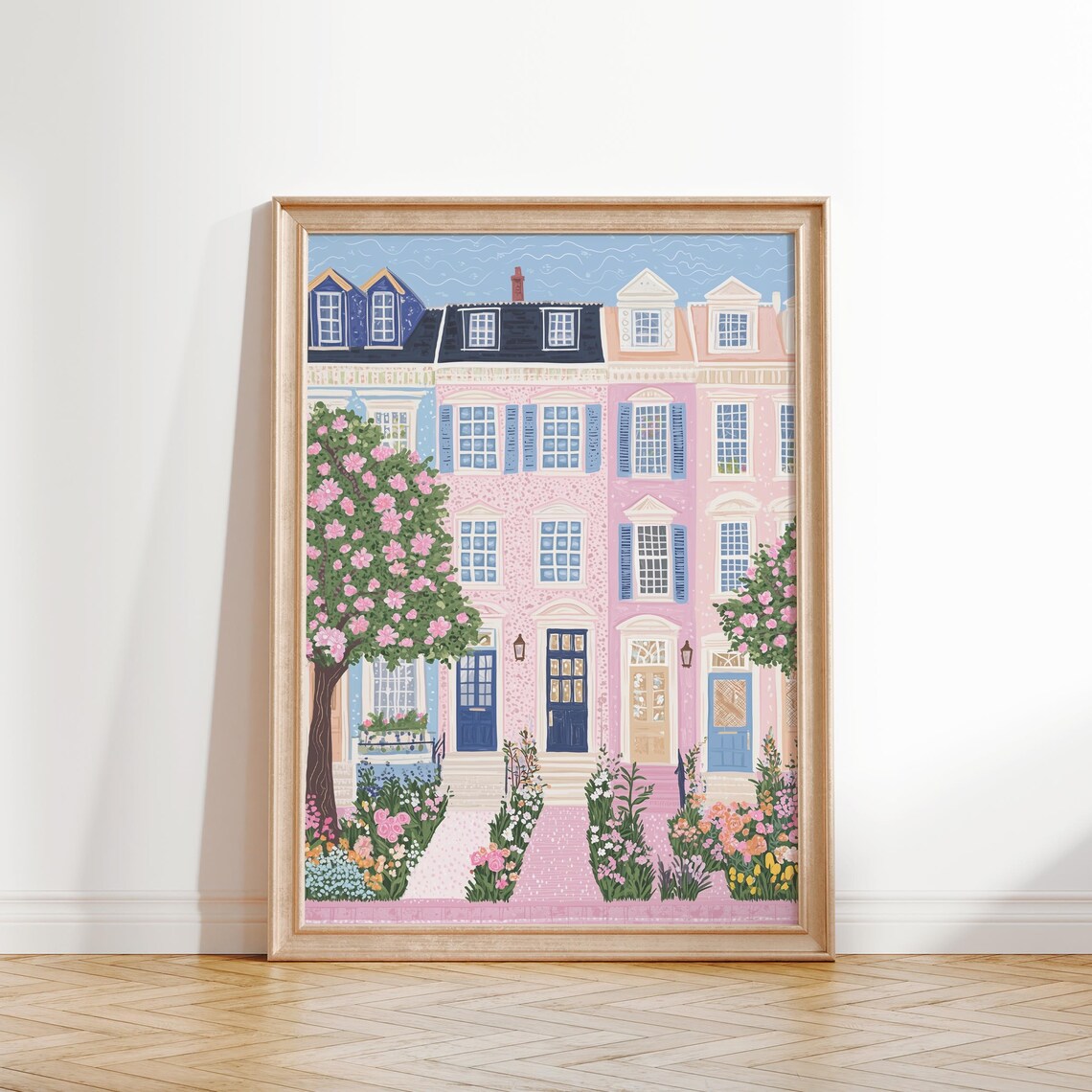 Pink Townhouses Street with Flowering Trees Pastel City Illustration Poster - Image 2