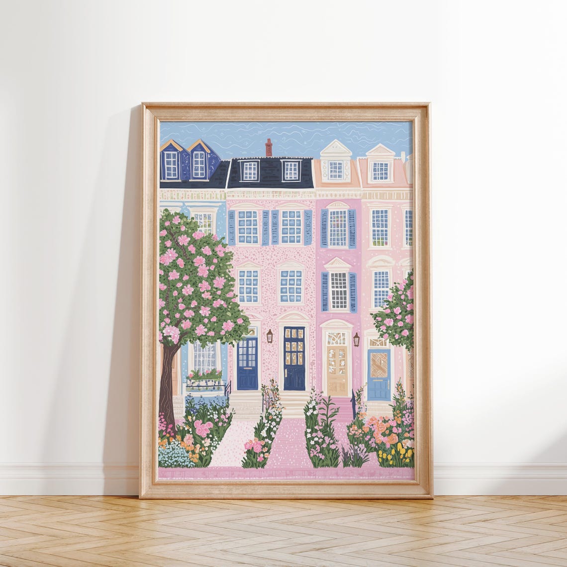 Pink Townhouses Wall Art City Street Illustration Floral Townhouse Print Pastel Cityscape Decor Urban Garden Scene Folk Art Print - Image 2