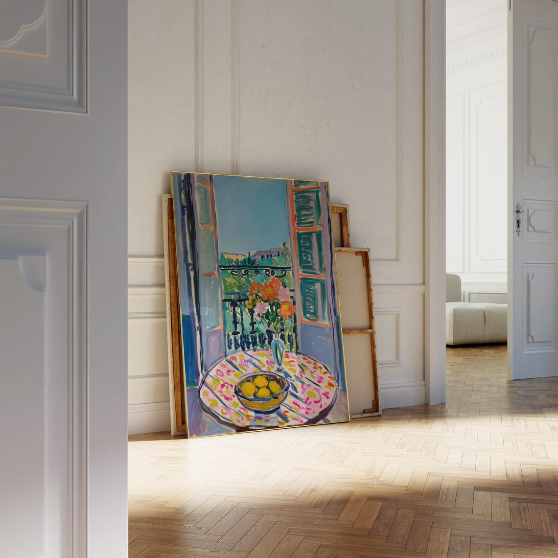 Open Window Balcony Flowers Lemons Sea View Colorful Art Poster - Image 2