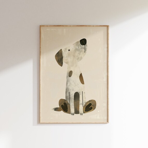 White Spotted Dog Looking Up Minimal Nursery Kids Poster Art Decor