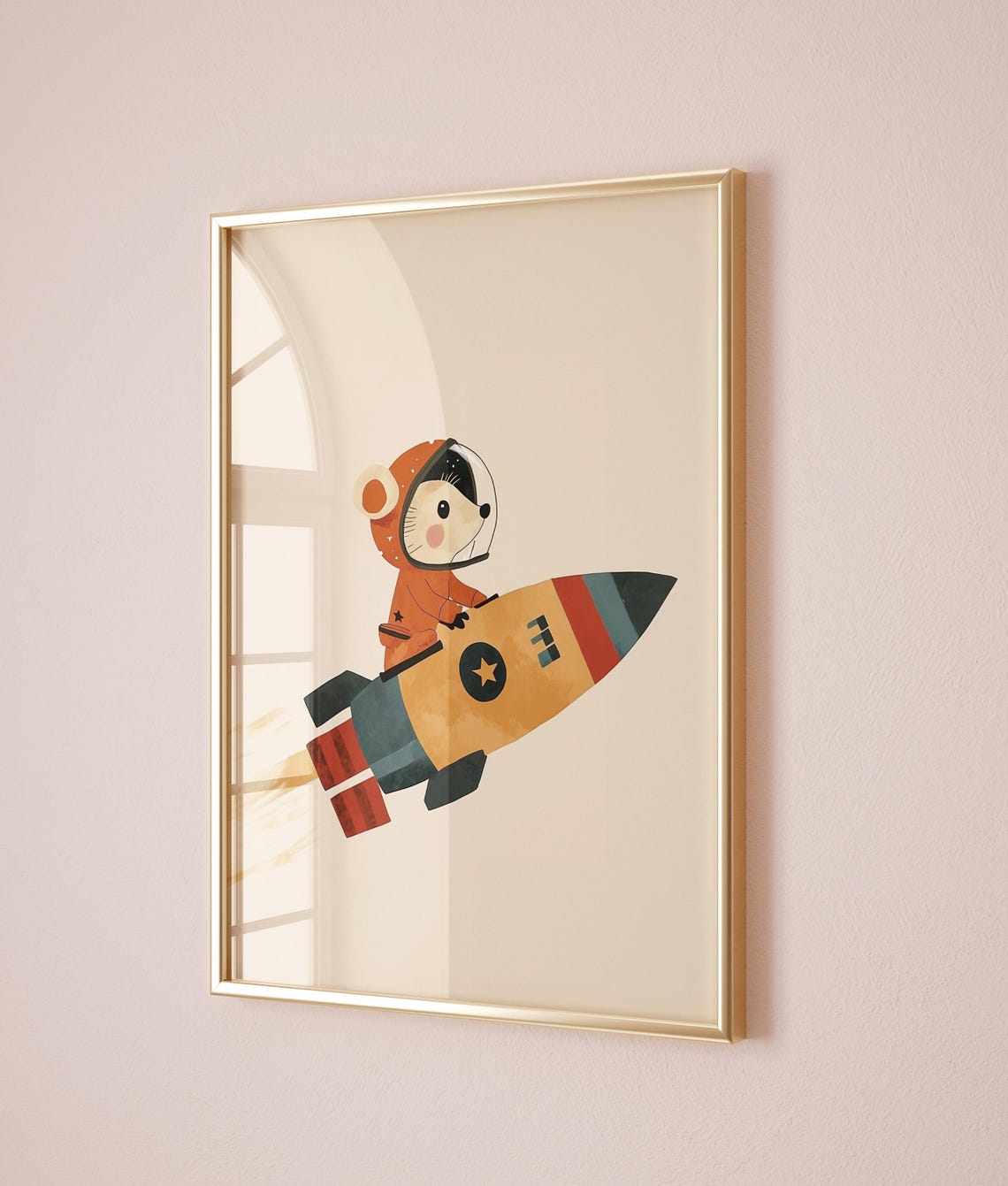 Astronaut Mouse Riding Rocket Ship Space Kids Nursery Animal Poster