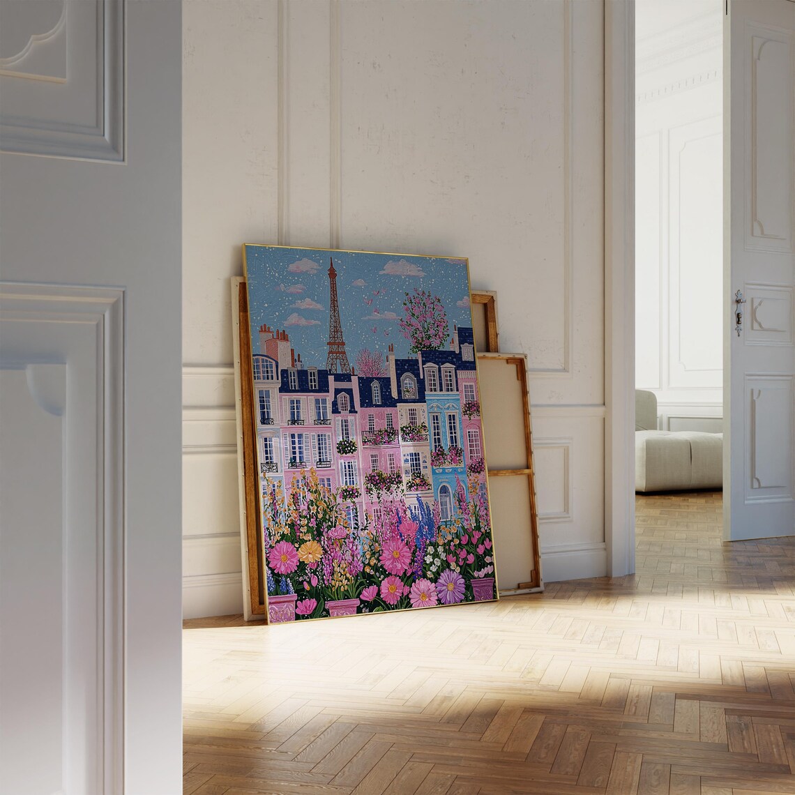 Paris Rooftops and Flower Balconies with Eiffel Tower Spring Scene Poster - Image 2