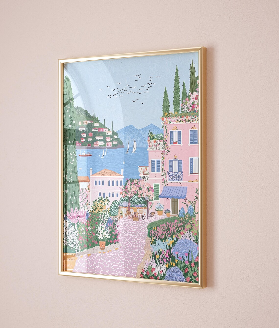 Italian Coastal Bay Villa Sailboats Cypress Garden Summer Poster - Image 2