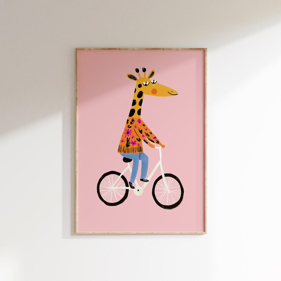 Giraffe Riding Bicycle Orange Floral Sweater Pink Nursery Kids Wall Poster
