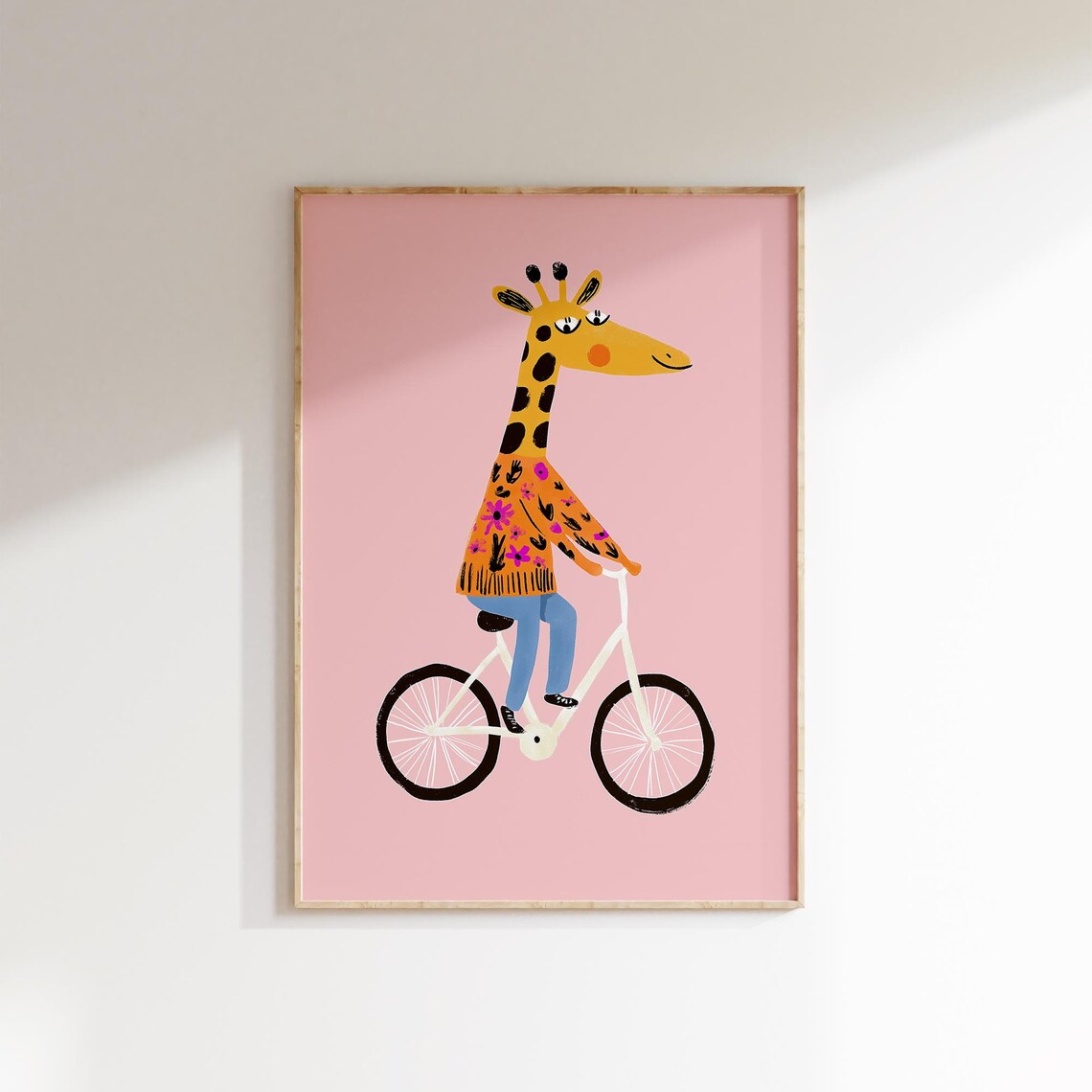 Giraffe Riding Bicycle Orange Floral Sweater Pink Nursery Kids Wall Poster