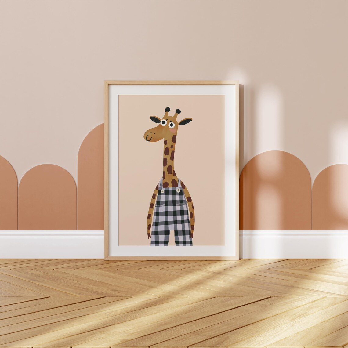 Cute Giraffe In Buffalo Plaid Overalls Safari Nursery Animal Wall Art - Image 5