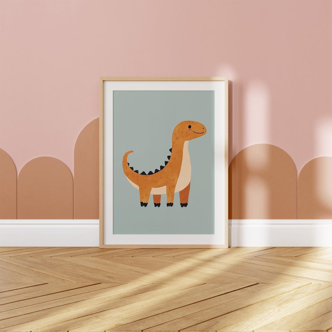 Orange Long Neck Dinosaur Standing Teal Kids Dino Art Poster - Image 2