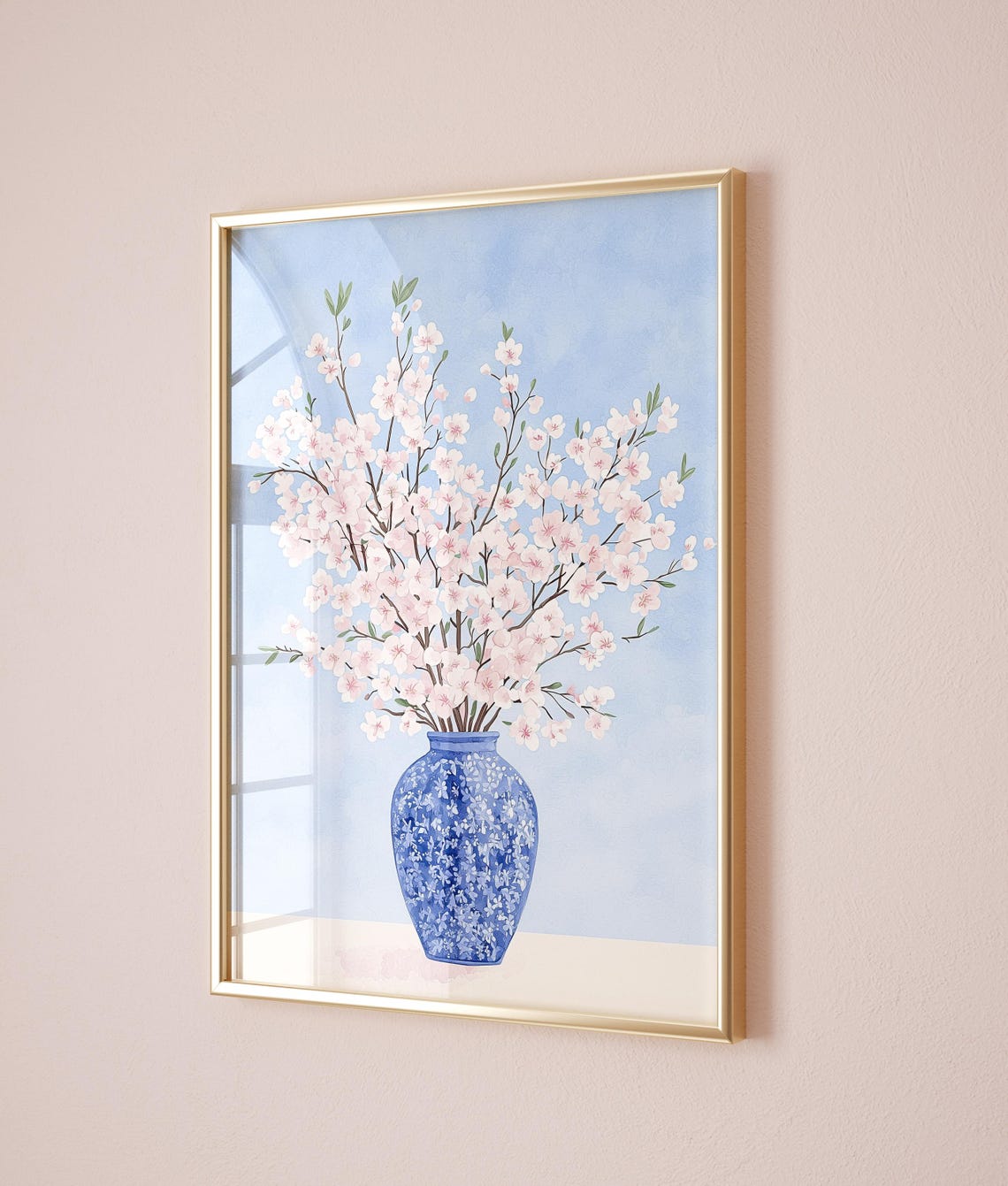 Pink Cherry Blossom Branches Blue White Chinoiserie Vase Poster - Image 2