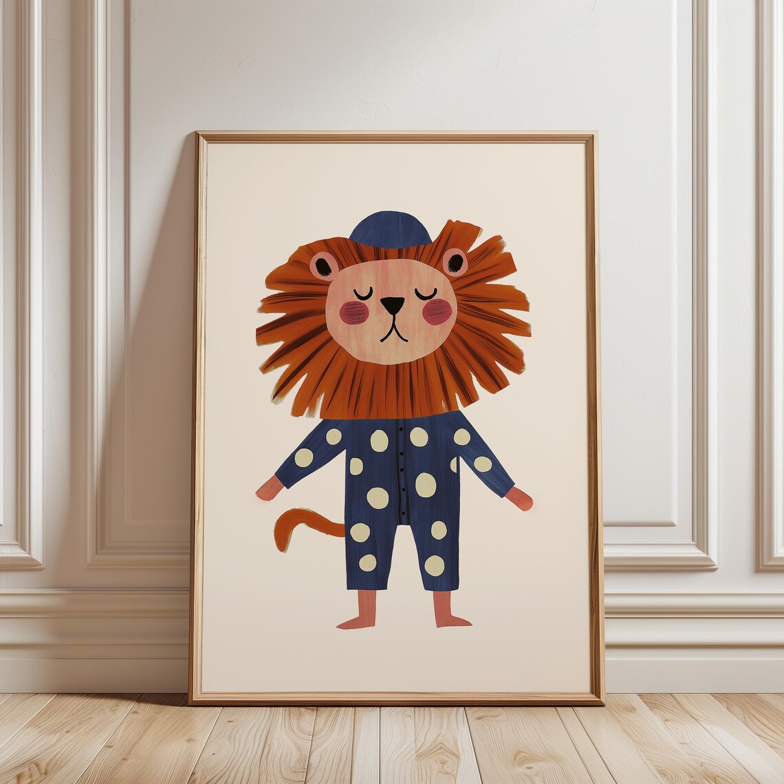 Sleepy Lion Navy Polka Dot Pajamas Nightcap Bedtime Nursery Wall Art Print - Image 4