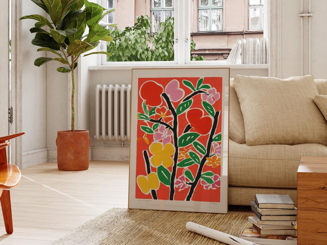 Bold Red Floral Art Poster with Pink Yellow and Orange Blossoms