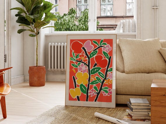Bold Floral Print Wall Art Red And Yellow Botanical Art Modern Flower Decor