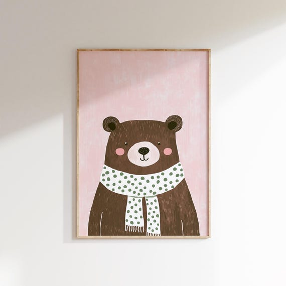 Cozy Bear Wall Art Nursery Decor Winter Animal Print Kids Room Illustration Baby Boy Wall Art Art For Kids Room