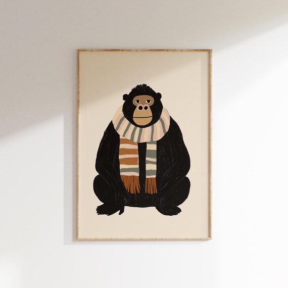 Cozy Gorilla In Warm Striped Scarf Nursery Kids Animal Poster