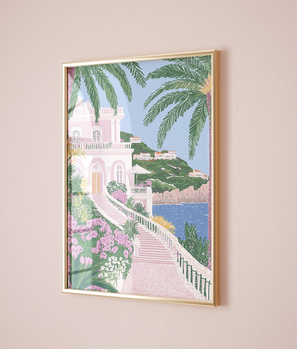 Pink Mediterranean Coastal Villa Palm Garden Seaside Staircase Poster - Image 5