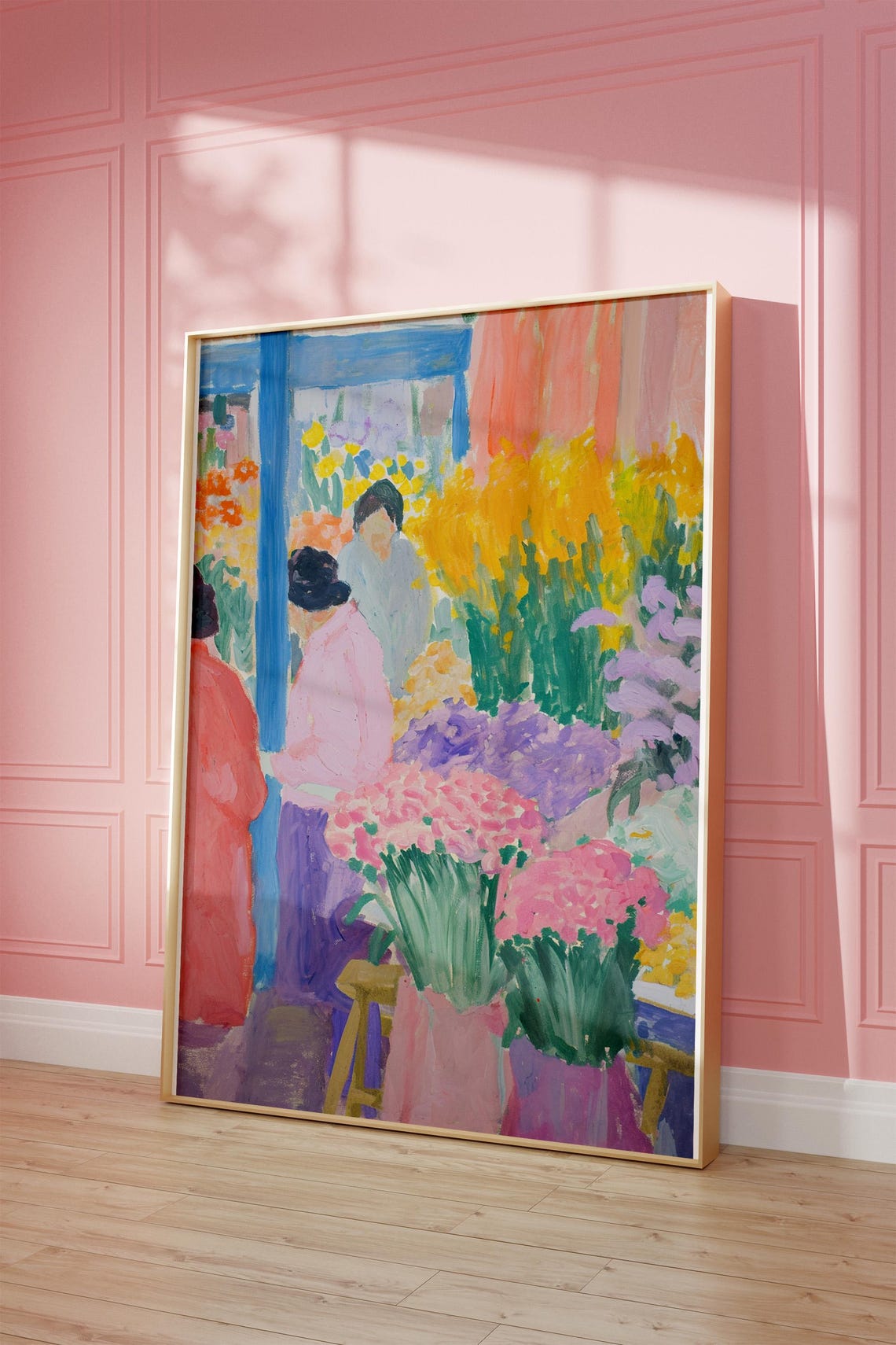 Flower Market Scene Art Poster with Shoppers and Colorful Blooms - Image 2