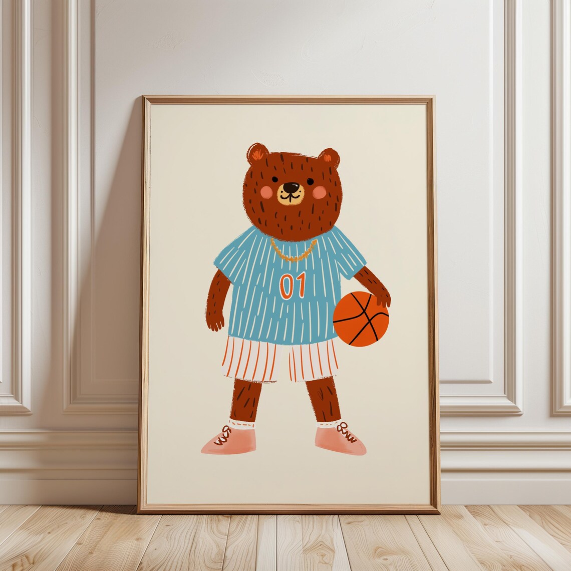 Basketball Bear In Blue Jersey Fun Sports Kids Room Art Poster