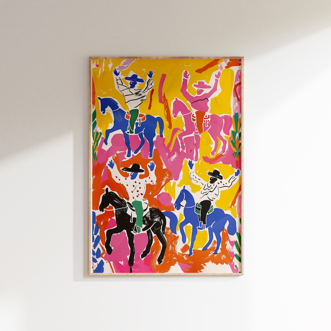 Four Cowboys Horseback Yellow Pink Blue Vibrant Rodeo Art Poster - Image 2