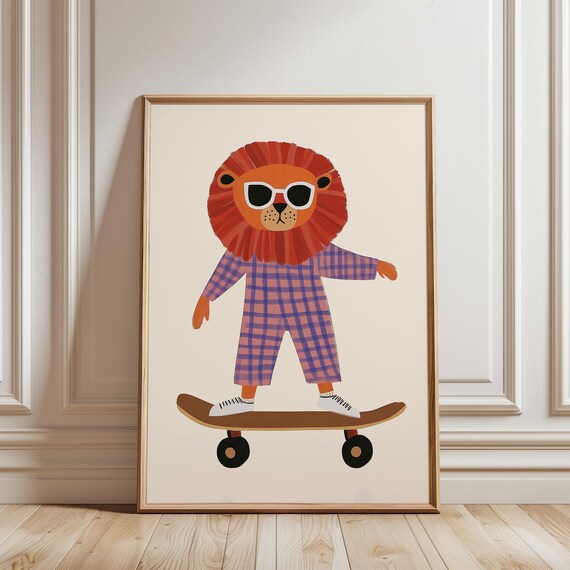 Cool Lion Sunglasses Checkered Jumpsuit Skateboard Nursery Wall Art Print