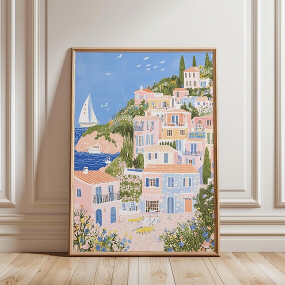 Mediterranean Seaside Village Sailboat Beach Coastal Town Poster