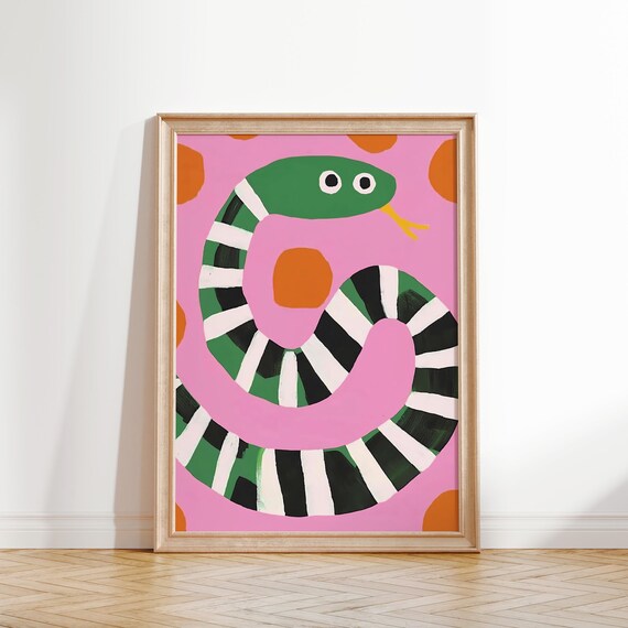 Colorful Green Striped Snake Pink Background Fun Kids Room Decor Poster