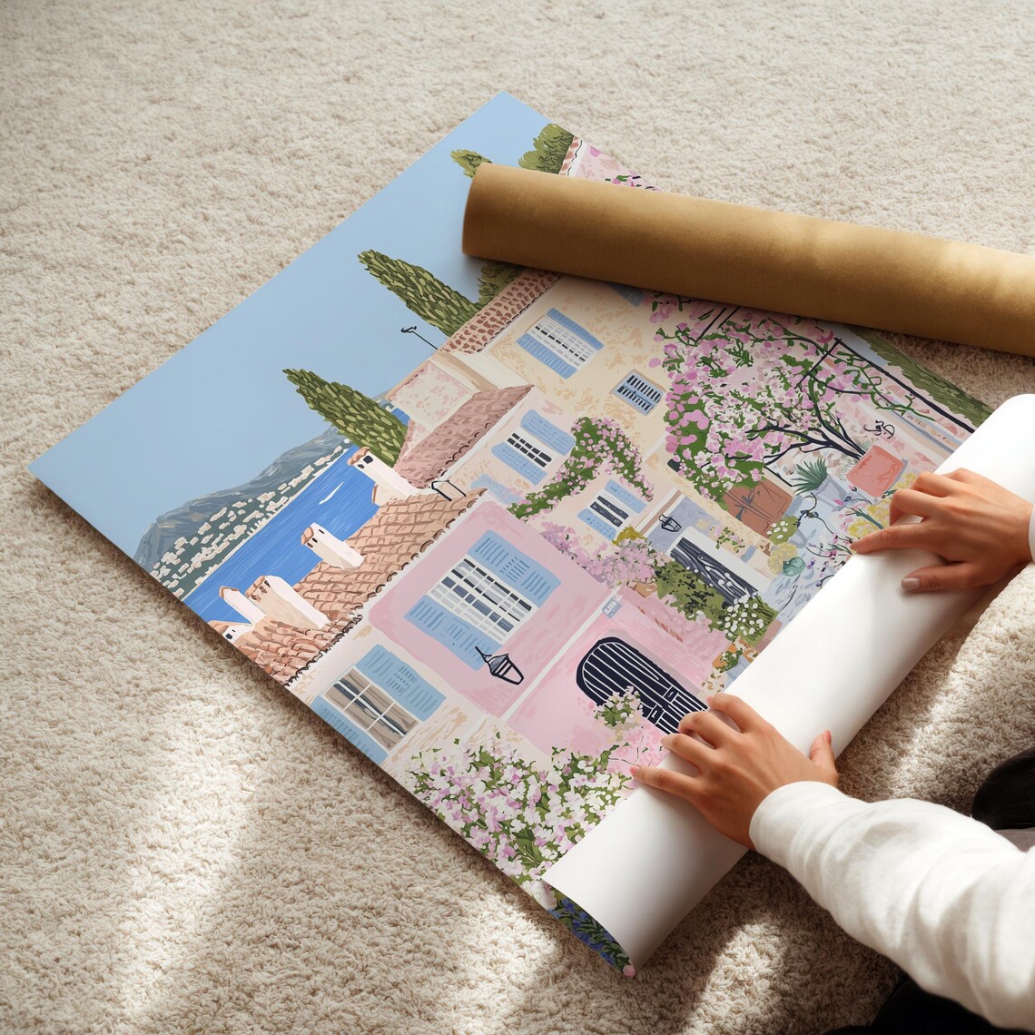 Mediterranean Seaside Street Pink Houses Blossom Summer Poster - Image 3