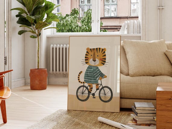 Cute Tiger On Bicycle Poster Kids Room Wall Art Nursery Decor Animal Art Print Playroom Decoration Tiger Riding Bike