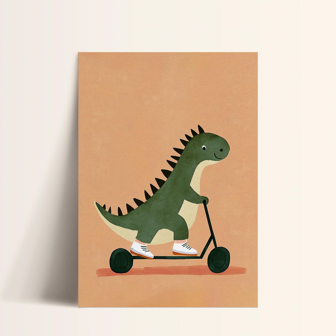 Green Dinosaur on Scooter Wearing Sneakers Kids Dino Art Poster - Image 3