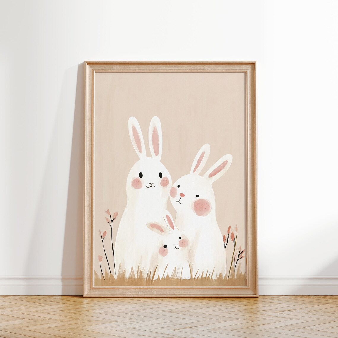 White Bunny Family Woodland Meadow Nursery Kids Room Wall Art