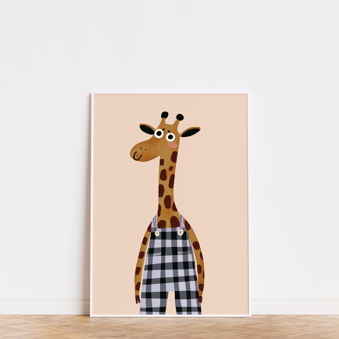 Cute Giraffe In Buffalo Plaid Overalls Safari Nursery Animal Wall Art - Image 3