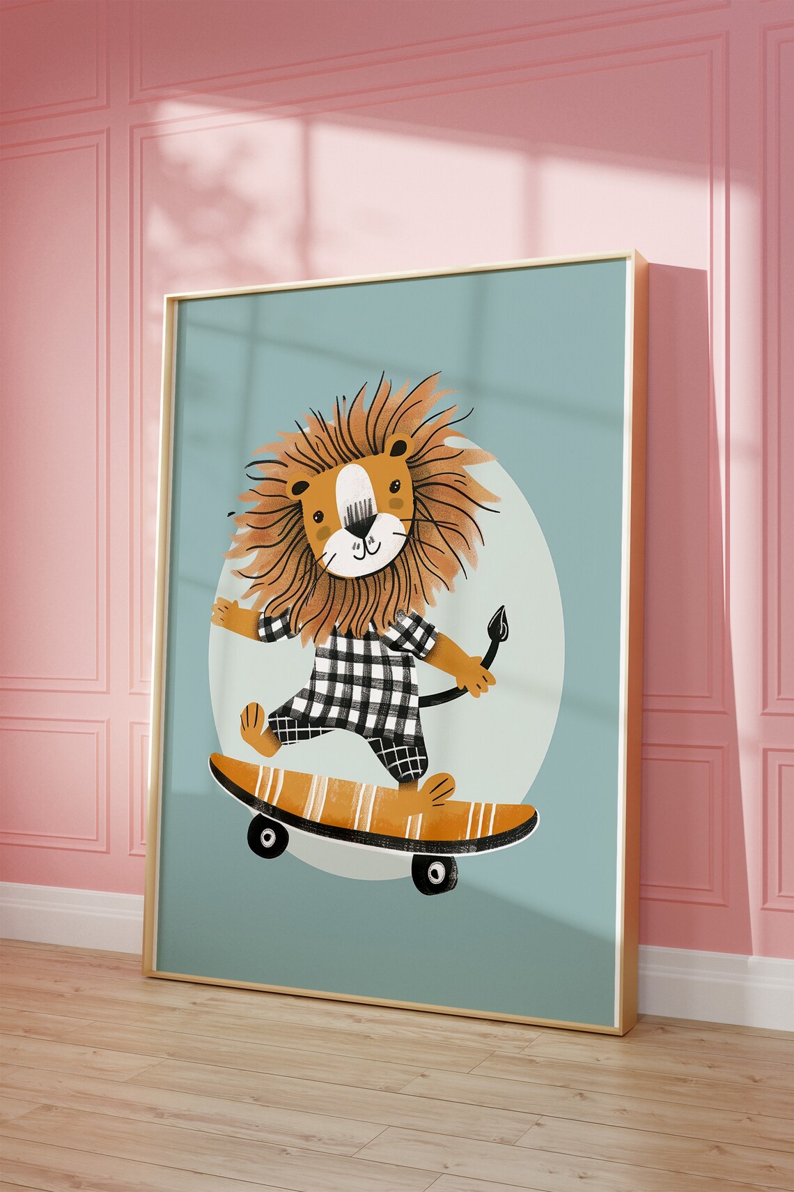 Skater Lion Kids Room Print Cute Lion on Skateboard in Checkered Pajamas - Image 2
