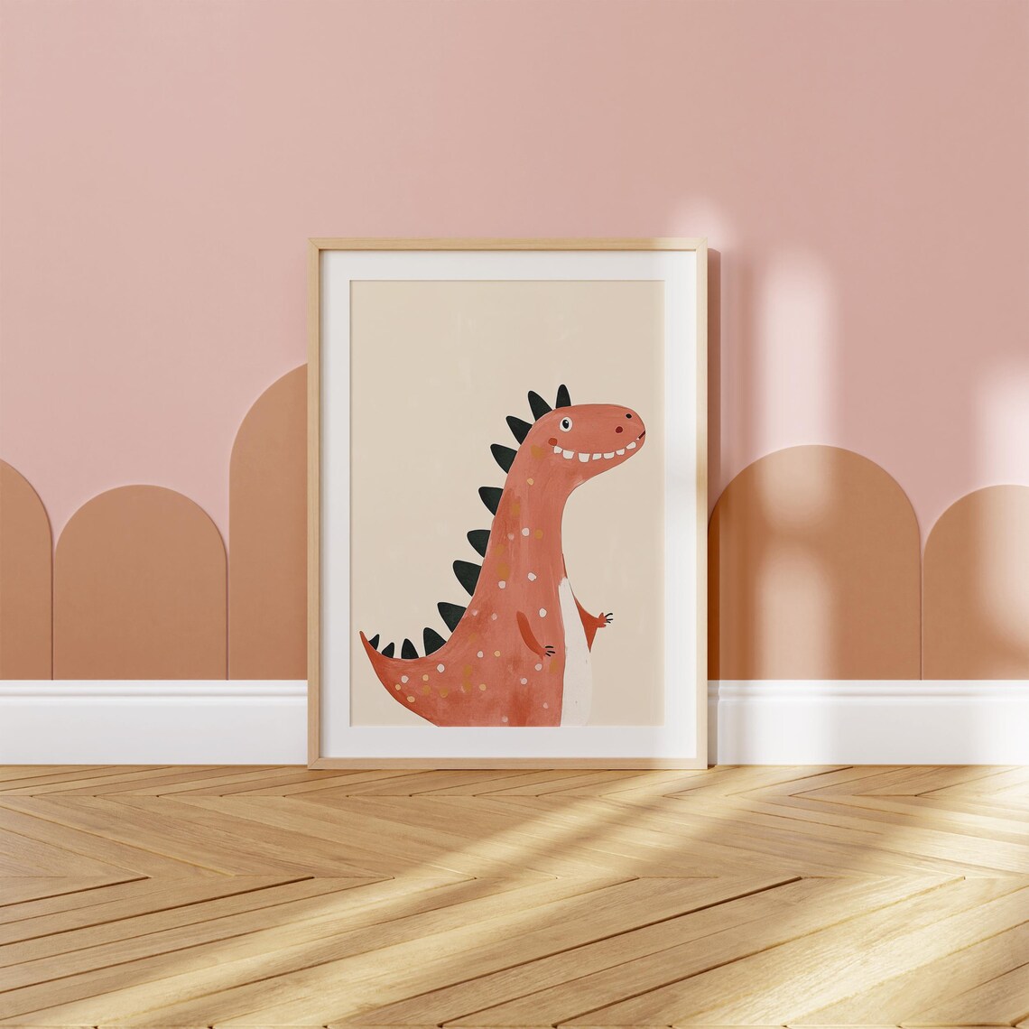 Coral Spiky Dinosaur Watercolor Cute Kids Dino Nursery Room Poster