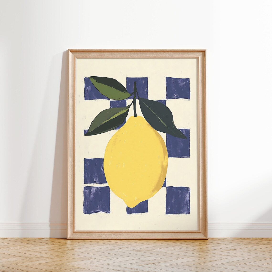 Yellow Lemon On Blue Checkered Background Modern Kitchen Fruit Art Poster - Image 2