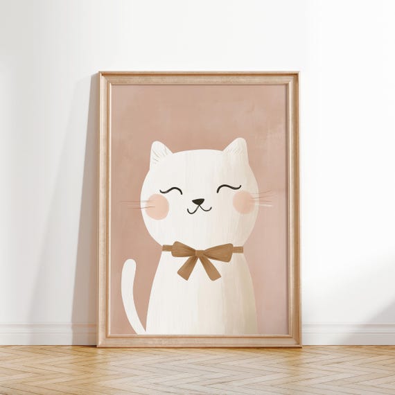 Cute Cat Wall Art Nursery Animal Print Kids Room Decor Whimsical Cat Poster Pink Pastel Nursery Girls Room Art