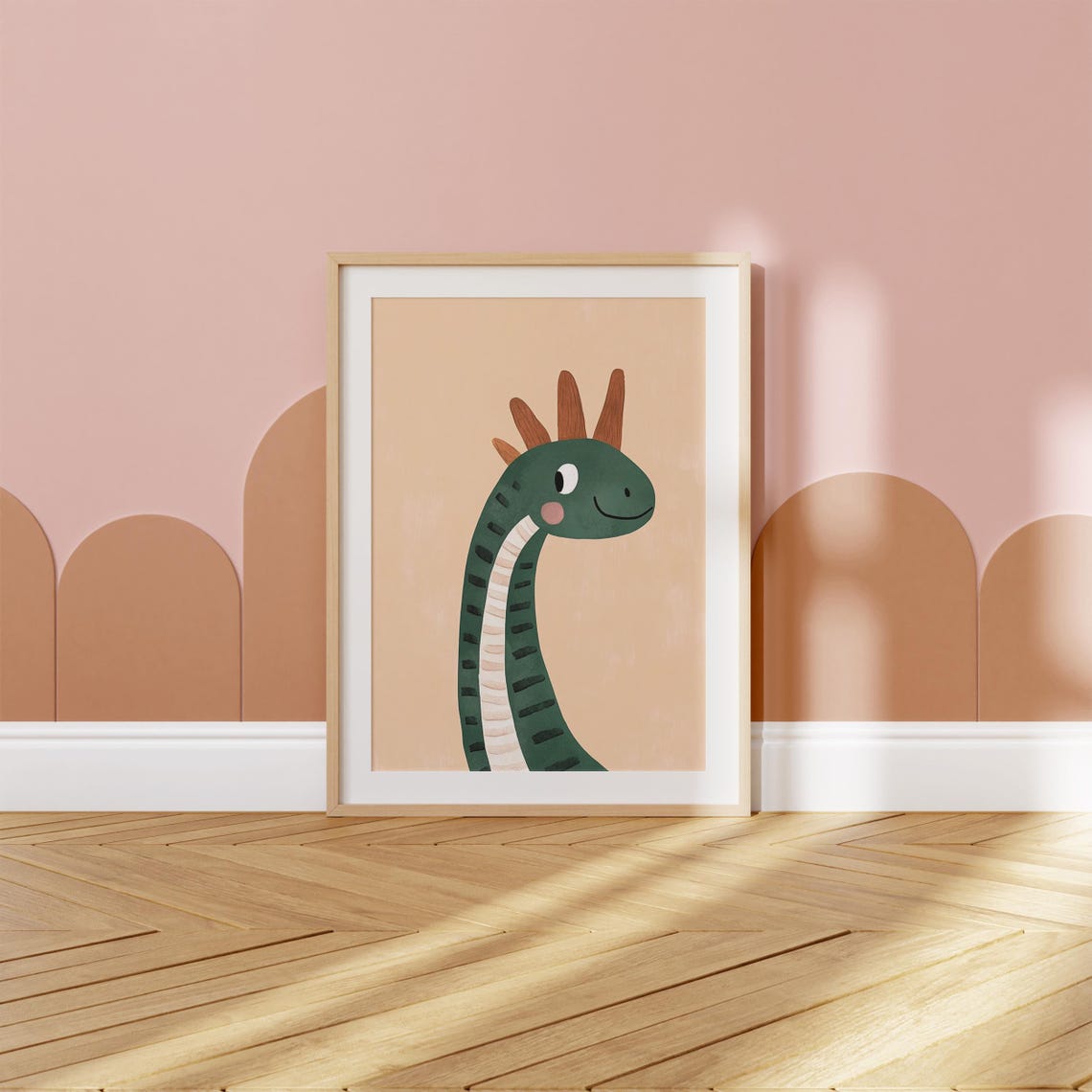 Smiling Green Long Neck Dinosaur Tan Nursery Kids Dino Poster - Image 2