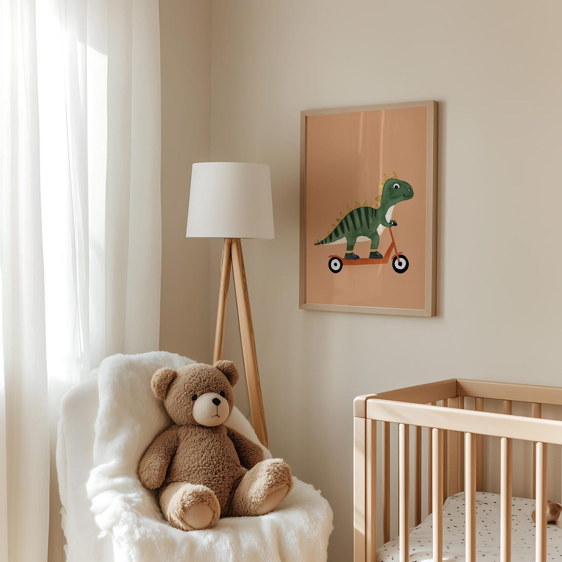 Green Striped Dinosaur Riding Orange Scooter Kids Dino Poster - Image 3