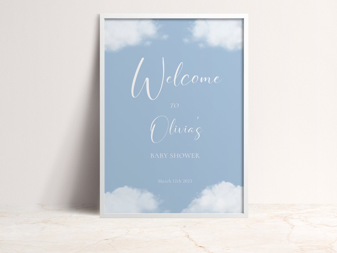 Welcome To Baby Shower Blue Sky Clouds Personalized Sign Poster