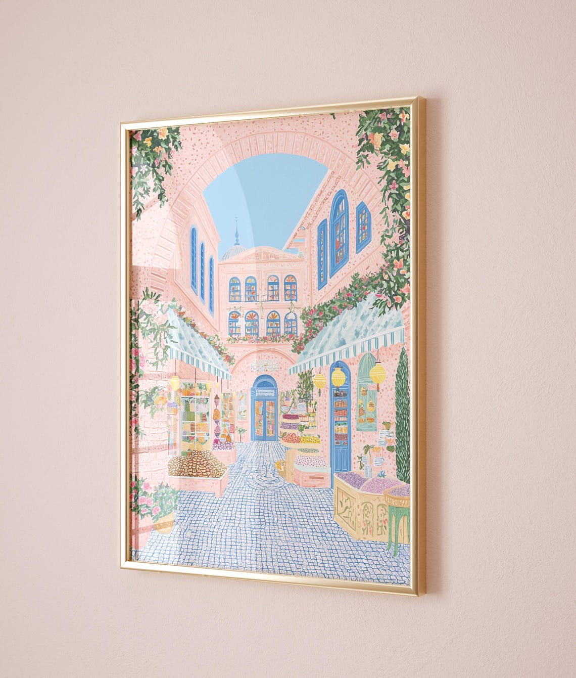 Mediterranean Market Courtyard Pink Buildings Blue Cobblestone Poster - Image 5