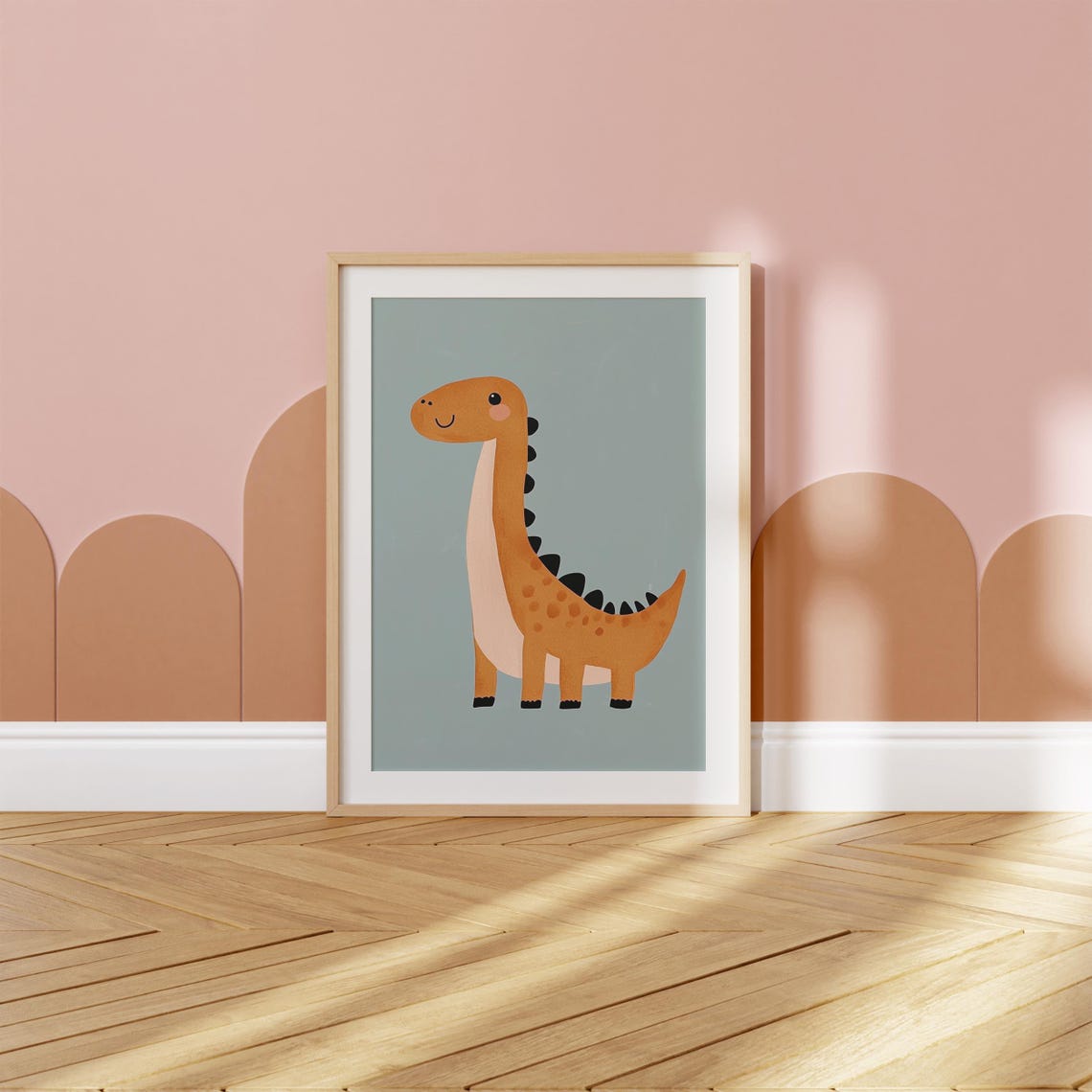 Smiling Orange Sauropod Dinosaur Teal Nursery Kids Room Poster - Image 2