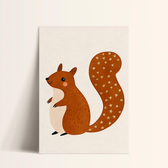 Cute Squirrel Gold Star Tail Woodland Modern Nursery Art Poster
