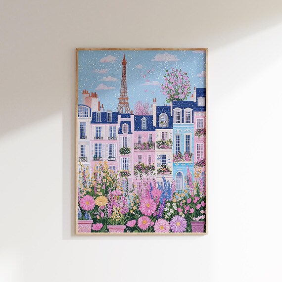 Paris Rooftops and Flower Balconies with Eiffel Tower Spring Scene Poster