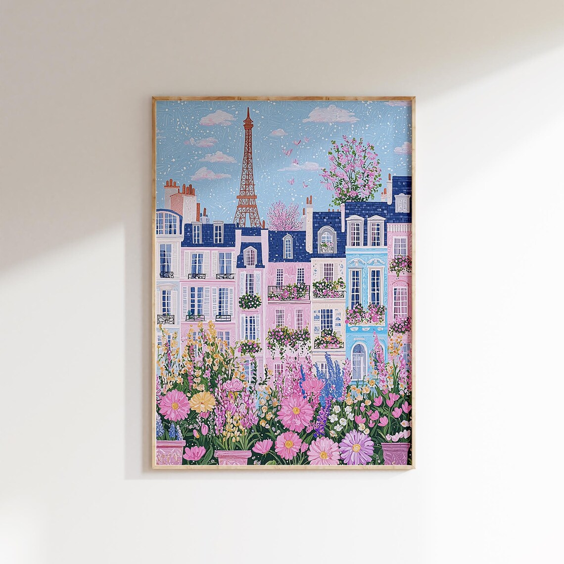 Paris Rooftops and Flower Balconies with Eiffel Tower Spring Scene Poster